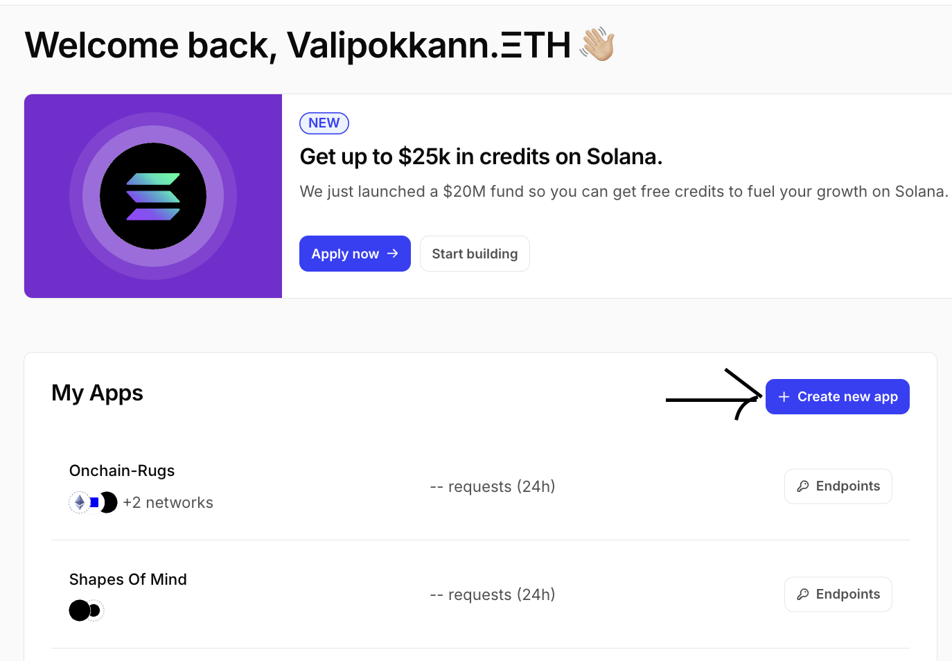 Alchemy setup step 1: Open Alchemy, go to My Apps, and click Create new app.