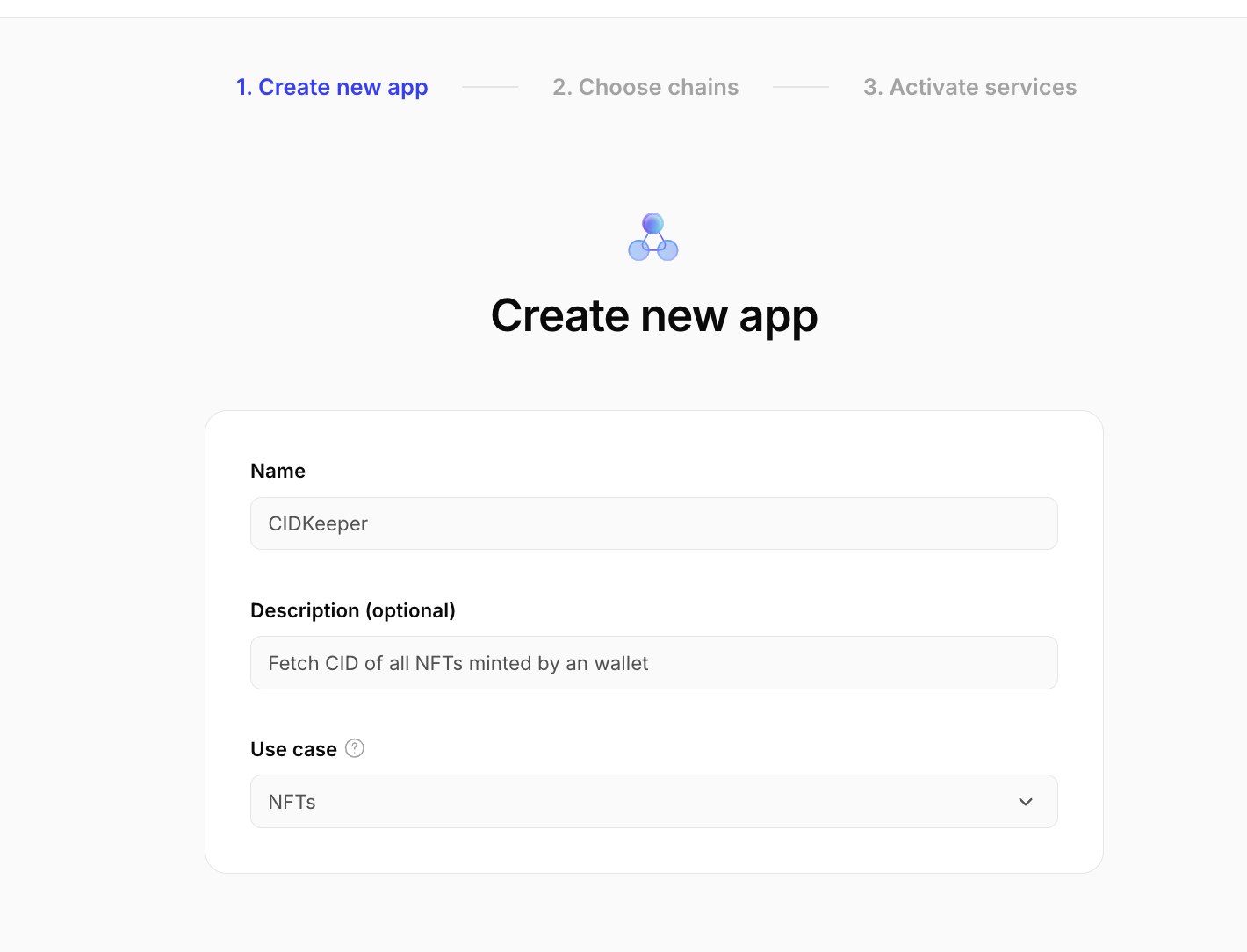 Alchemy setup step 2: Name your app (for example CIDKeeper), add a short description, set the use case to NFTs, then continue.