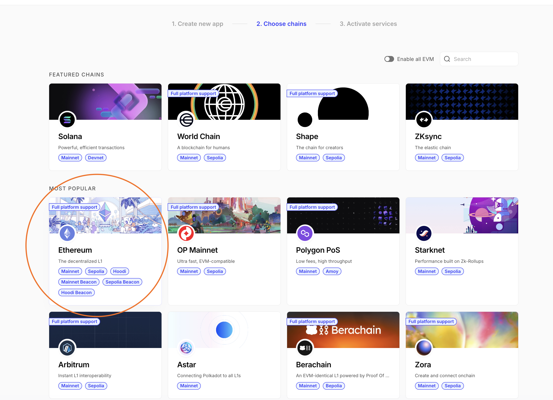 Alchemy setup step 3: Choose chains: select Ethereum and the networks you need (for example Ethereum Mainnet).