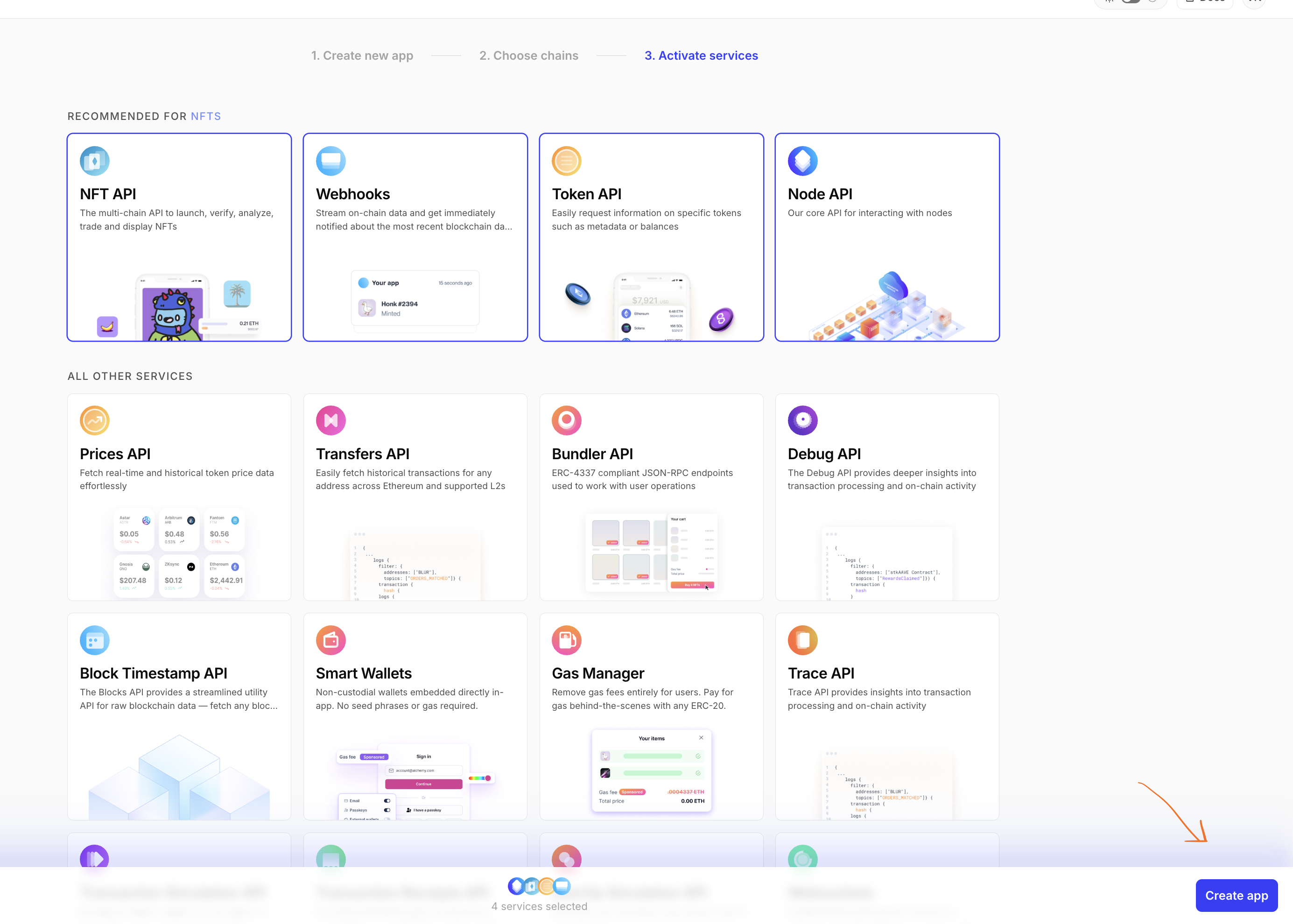 Alchemy setup step 4: Activate services: keep the recommended NFT-related APIs selected, then click Create app.